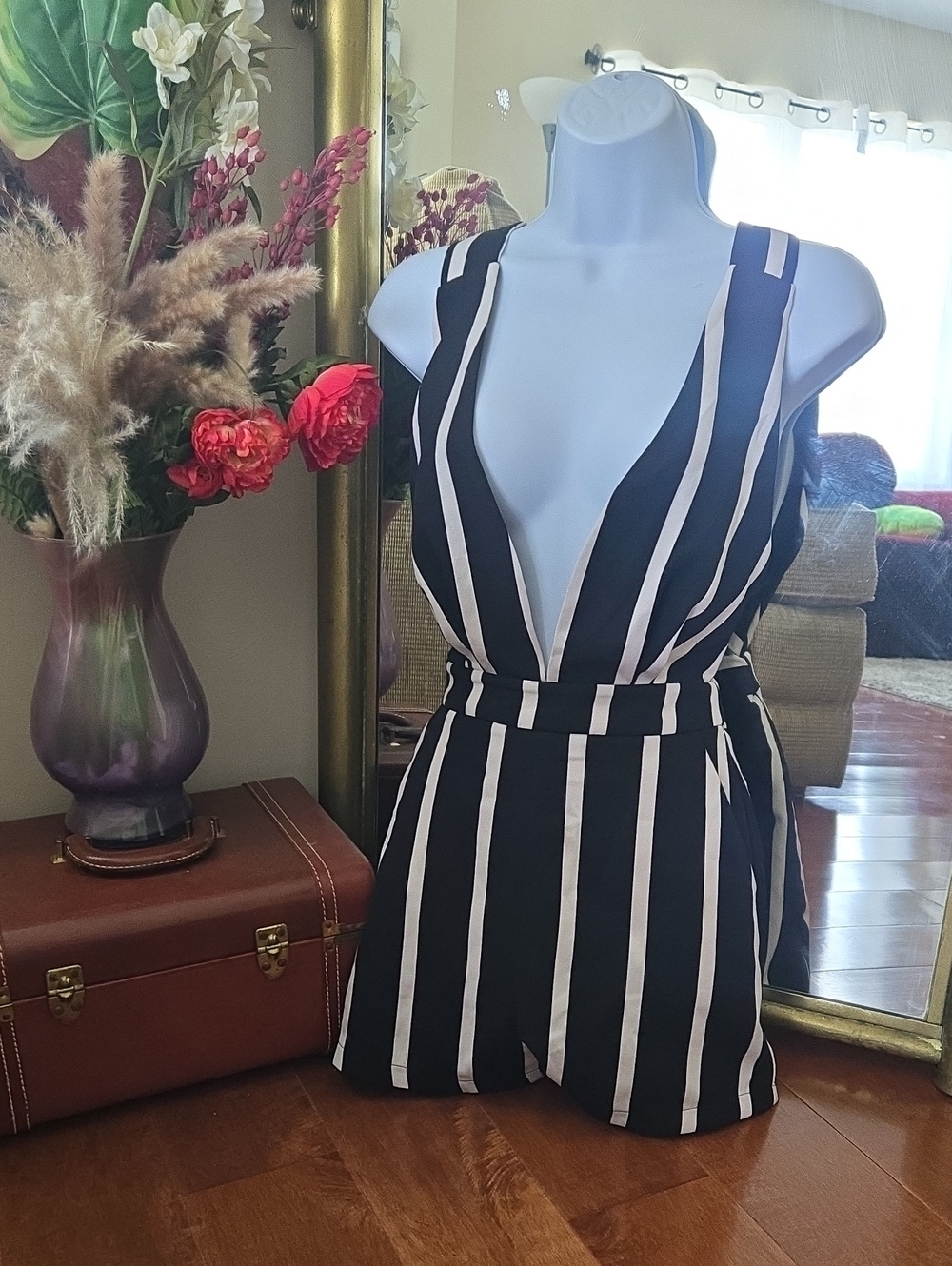 Black & White Vertical Stripe Deep V Romper